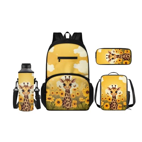 SCRAWLGOD Kinder-Rucksäcke, Lunchbox, Federmäppchen mit Wasserflaschenträger-Set, 4 Stück, Büchertasche, Tagesrucksack-Sets für Schule, Reisen, Sonnenblumen-Giraffe von SCRAWLGOD