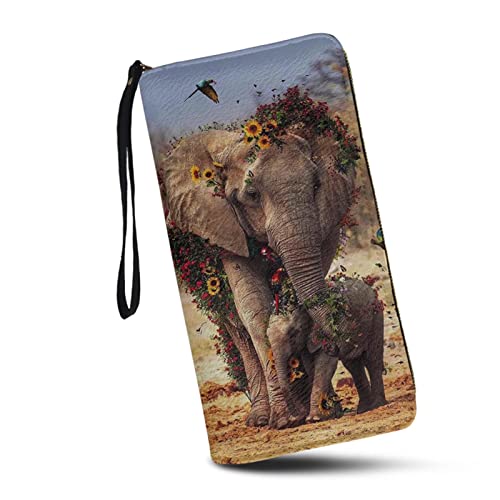 SCRAWLGOD Personalisierte Brieftaschen für Frauen mit Reißverschluss, Kartenhalter, Clutch, PU-Leder, lange Geldbörse, Organizer, Elefant Sonnenblume von SCRAWLGOD