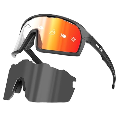 SCVCN Photochromatische Selbsttönend Fahrradbrille Polarisiert Herren Damen Sportsonnenbrille Klar Radsportbrille Radfahren MTB Radbrille Laufen Angeln Volleyball Tennis Bergsteigen Wandern Rot von SCVCN