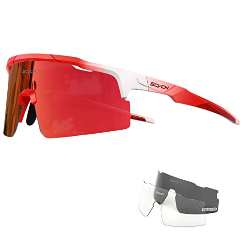 SCVCN Polarisierte Fahrradbrille Sport Sonnenbrille Radbrille mit 3 Austauschbaren Gläsern für Damen Herren Radfahrerbrille Laufen Volleyball Tennis Autofahren Angeln Softball Bergsteigen 17 rot weiß von SCVCN