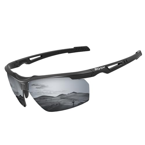 SCVCN Polarisierte Radbrille Fahrradbrille Sport-Sonnenbrille für Herren Damen, UV400 MTB Fahrradbrille zum Radfahren, Laufen, Baseball, Golf, Autofahren 04 silbrig schwarz von SCVCN