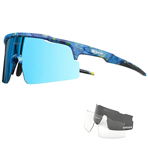 SCVCN Polarisierte Fahrradbrille Sport Sonnenbrille Radbrille mit 3 Austauschbaren Gläsern für Damen Herren Radfahrerbrille Laufen Volleyball Tennis Autofahren Angeln Softball 01 blau von SCVCN