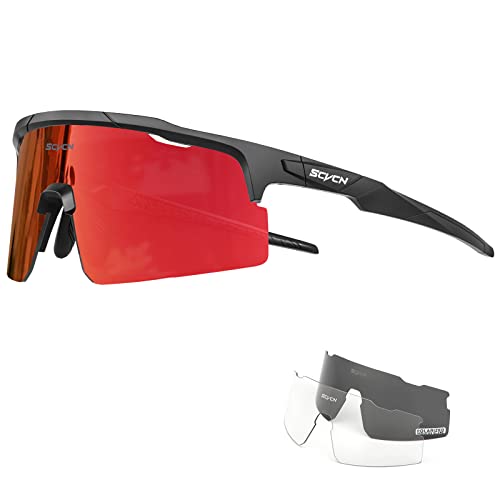 SCVCN Polarisierte Fahrradbrille Sport Sonnenbrille Radbrille mit 3 Austauschbaren Gläsern für Damen Herren Radfahrerbrille Laufen Volleyball Tennis Autofahren Angeln Softball 16 rot schwarz von SCVCN