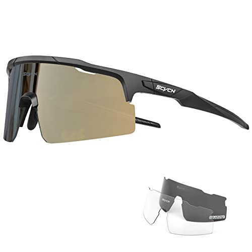 SCVCN Polarisierte Fahrradbrille Sport Sonnenbrille Radbrille mit 3 Austauschbaren Gläsern für Damen Herren Radfahrerbrille Laufen Volleyball Tennis Autofahren Angeln Softball 11 schwarz braun von SCVCN