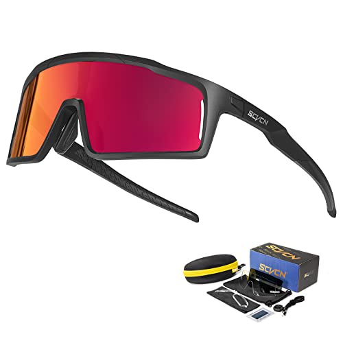 SCVCN Polarisierte Radfahrerbrille Sonnenbrille mit 3 Austauschbaren Gläsern für Männer Frauen Laufen Volleyball Tennis Autofahren Angeln Softball Bergsteigen Golf Wandern HD 01 rot schwarz von SCVCN