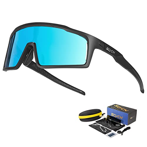 SCVCN Polarisierte Radfahrerbrille Sonnenbrille mit 3 Austauschbaren Gläsern für Männer Frauen Laufen Volleyball Tennis Autofahren Angeln Softball Bergsteigen Golf Wandern HD 07 schwarz blau von SCVCN