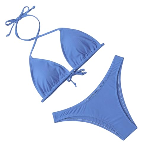 SDAFSV Bikini Damen Set 2 Pack Bikini Anzug Feste Farbe Badeanzug Frauenstrand Badeanzug-blau-m-2pc von SDAFSV