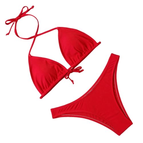 SDAFSV Bikini Damen Set 2 Pack Bikini Anzug Feste Farbe Badeanzug Frauenstrand Badeanzug-rot-l-2pc von SDAFSV