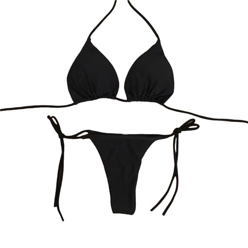 SDAFSV Bikini Damen Set 3 Packung Hanging Neck Tanga Bikini Set Side Krawatte Badeanzug Styage Style Split -Gurt Fest Verstellbare Damen Badeanzug Set-b-m-3pc von SDAFSV