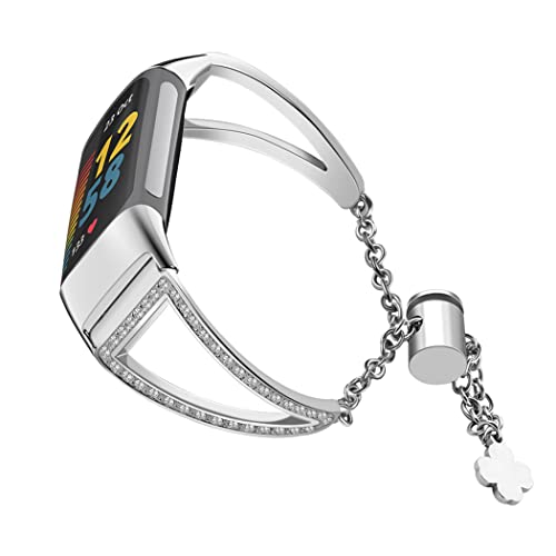 SDEQA Riemen Kompatibel Mit Fitbit Charge 5 Metall Edelstahl Verstellbare Armbandbänder Damen Hohles Schnellverschluss-Armband Für Mann Und Frau,Silber von SDEQA