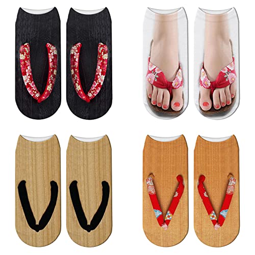 SDOKLZO Socken mit 3D-Muster, Flip-Flops-Muster, kreative Frauen, Freizeitsocken, lustig, glücklich, aus Reiner Baumwolle, atmungsaktiv, weich, Bootssocken (4 Pair-A), Einheitsgröße von SDOKLZO