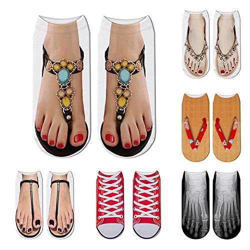SDOKLZO Socken mit 3D-Muster, Flip-Flops-Muster, kreative Frauen, Freizeitsocken, lustig, glücklich, aus Reiner Baumwolle, atmungsaktiv, weich, Bootssocken (6 Pair-B), Einheitsgröße von SDOKLZO