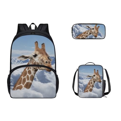 SEANATIVE 3-teiliges Schultaschen-Set, lässiger Rucksack mit Lunchbox, Federmäppchen für Kinder, Teenager, großer Reiserucksack, Tier-Giraffe von SEANATIVE