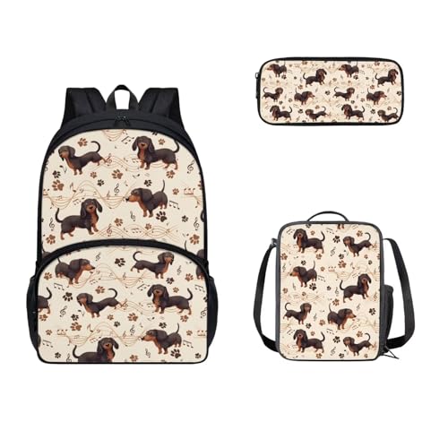 SEANATIVE Kinderrucksack für die Schule, Sachool-Rucksack mit Lunchbox und Federmäppchen, 3-teilig, 43,2 cm, Schultasche, Dackel Hund von SEANATIVE