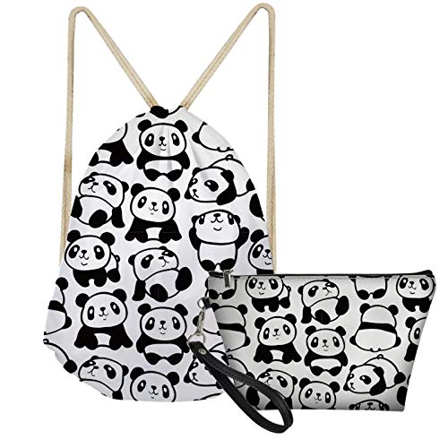 SEANATIVE Niedlicher Cartoon-Panda-Beutel mit Kordelzug, für Teenager, Jungen, Mädchen, Sport, Schule, Tagesrucksack mit PU-Leder-Reisetasche, für Toiletten, Make-Up-Tasche von SEANATIVE