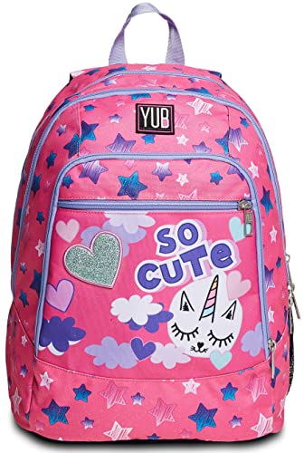 YUB Rucksack Advanced, Backpack für Schule, Uni & Freizeit, Geräumige Schultasche für Teenager, Mädchen, Gepolsterter Schulranzen; HAYRIDE, pink, mit Tasche für Wasserflasche von Seven