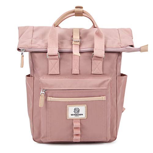 SEVENTEEN LONDON – Moderner und stilvoller ‘Canary Wharf’ Rucksack in rosa mit einem klassischen gefalteten Roll Top Design – perfekt für 15-Zoll-Laptops von SEVENTEEN LONDON