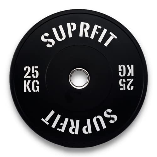 SUPRFIT Gummierte Fitness Bumper Plates 50mm Gewichtsscheiben aus Vollgummigranulat - Gewicht: 25 kg, Stoßabsorbierende Hantelscheiben 50mm fürs Hanteltraining, Gewichtscheiben - Farbe: Schwarz/Weiß von SF SUPRFIT