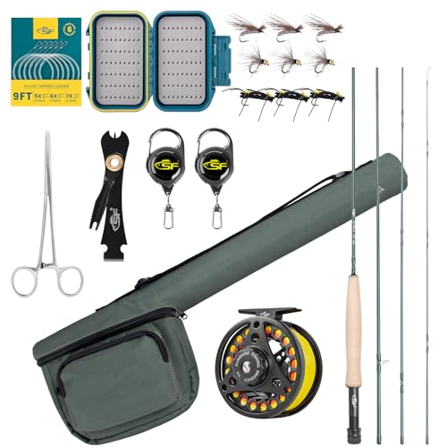SF Fliegenruten-Kombi-Starter-Set, 4-teilig, 3WT,7.6FT, Smaragdgrün, 24 Zähne, Karbonfaser, Forellen-Fliegenrute mit Rolle, Rutenetui, Fliegenbox mit Fliegen, konisches Vorfach, Knotenbindewerkzeuge von SF