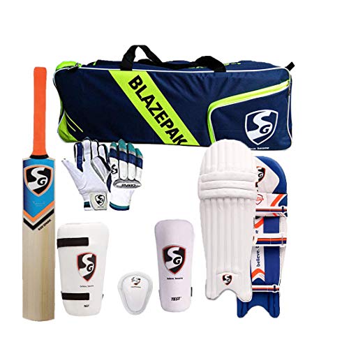 SG Cricket-Set für Erwachsene mit Ezeepak-Tasche mit schneller Lieferung RSD Spark Kaschmir Weidenschläger + Schlagbeinschutz + Schlaghandschuhe + Bauchschutz + Oberschenkelschutz + Tasche von SG