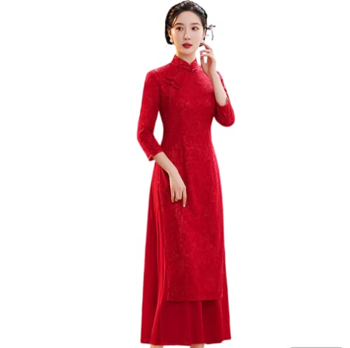 Cheongsam Langen Ärmeln Für Damen - Spitze Rot Frauen Traditionelles Cheongsam Eleganter Mandarinenkragen Qipao Vintage Plus Size Chinesisches Stil, Rot, L von SHACE