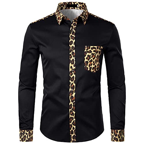 Langarm Hemd Für Herren - Männer Frühling Spleiß Leopard Print Hemd Mit Tasche Formales Hemd Langarm Mode Knopf Hemd Kleidung, Schwarz, M von SHACE