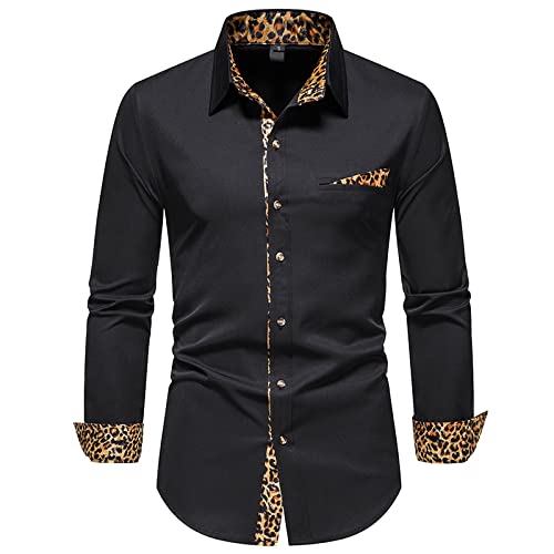 Langarm Hemd Für Herren - Männer Leopard Patchwork Mode Revers Langarm Knopf Shirt Club Party Prom Hochzeit Atmungsaktives Top Plus Size, Schwarz, XXL von SHACE