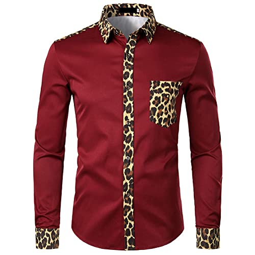 Langarm Hemd Für Herren - Männer Spring Splice Leopard Printed Hemd Mit Tasche Formales Hemd Langarm Mode Knopf Hemd Kleidung, Wein Rot, XL von SHACE