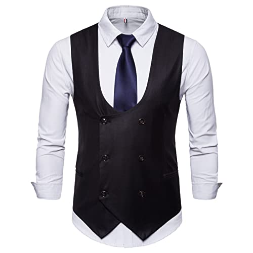 SHACE Herren Anzugweste - Herren U-Förmiger Kragen Einfarbig Anzug Weste Business Casual Weste Zweireiher Einfache Regular Fit Mode Herren Top Weste,Schwarz,XL von SHACE