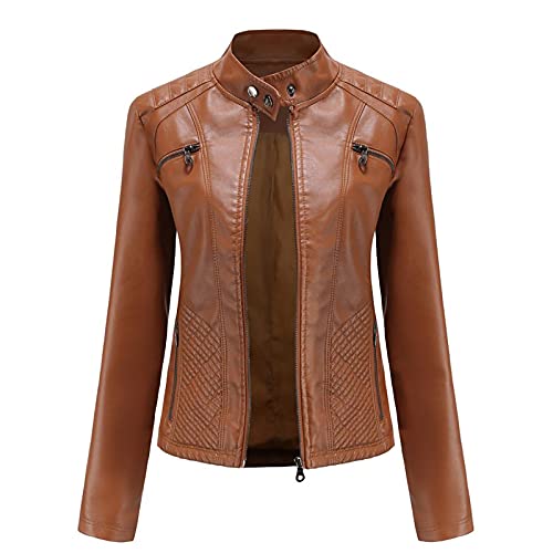 SHADIOA 2021 Lederjacke Damen Reißverschlüsse Frühling Herbst Damen PU Lederjacke Schlank Motor Biker Mantel Weibliche Übergroße,Camel,XL von SHADIOA