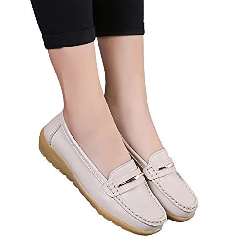 SHADIOA Frauen Wohnungen Echte Lederschuhe, Frühling Herbst Frauen Slipper Wohnungen Mokassins Schuhe Weiblich Lässig Damen Schuhwaren,Beige,42 von SHADIOA