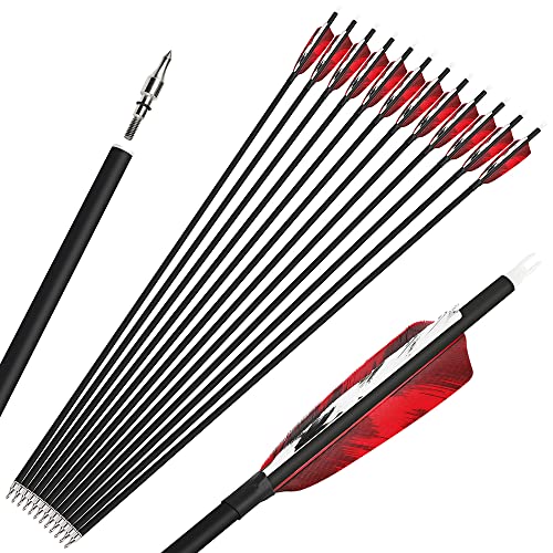 SHARROW Bogenschießen Carbonpfeile Jagdpfeile 28/30/31 Zoll Bogenpfeile Spine 500 Pfeile für Bogen Fletching Natürliche Feder (12 stück/30zoll, Rot) von SHARROW