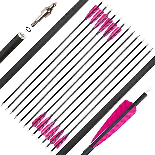 SHARROW 12Pcs Carbonpfeile 32 Zoll Carbon Pfeile für Bogenschießen Spine 500 Carbon Pfeile Carbon Jagdpfeile mit 4 Zoll Natürliche Federn Pfeile für Recurvebogen Compoundbogen (Rosa) von SHARROW