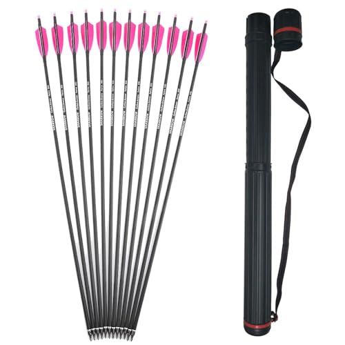 SHARROW 32 Zoll Carbon Pfeile für Bogenschießen Spine 500 Kohlenstoffpfeil Jagd Bogen Pfeile Jagdpfeile mit 4 Zoll Natürliche Federn für Pfeil Und Bogen Recurvebogen Compoundbogen (1Köcher+Rosa, 24P) von SHARROW