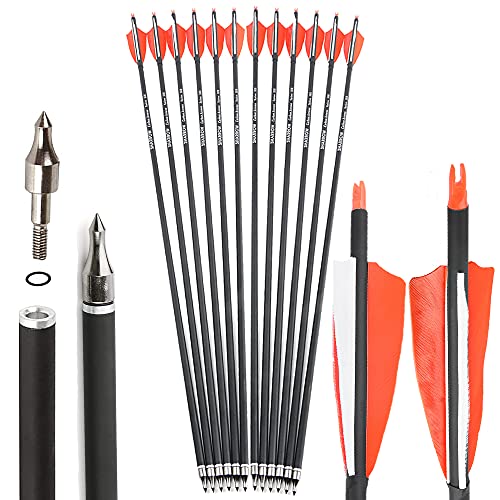 SHARROW 32 Zoll Carbon Pfeile für Bogenschießen Spine 500 Kohlenstoffpfeil Jagd Bogen Pfeile Jagdpfeile mit 4 Zoll Natürliche Federn für Pfeil Und Bogen Recurvebogen Compoundbogen (Orange, 12P) von SHARROW