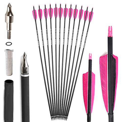 SHARROW 32 Zoll Carbon Pfeile für Bogenschießen Spine 500 Kohlenstoffpfeil Jagd Bogen Pfeile Jagdpfeile mit 4 Zoll Natürliche Federn für Pfeil Und Bogen Recurvebogen Compoundbogen (Rosa, 12P) von SHARROW