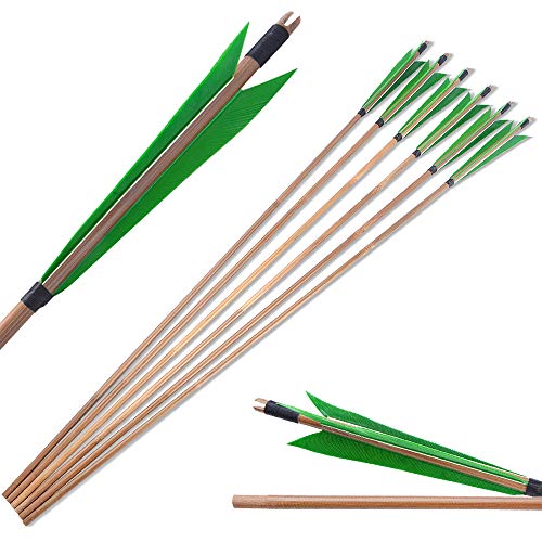 SHARROW 6/12 Stück Bogenschießen Bambuspfeile Traditionelle Jagdpfeile Bambus Pfeilschaft mit 5" Naturfedern Handmade Pfeile aus Bambus für Recurvebogen Traditioneller Langbogen (Grün, 6 Stück) von SHARROW