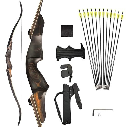 SHARROW 60 Zoll Bogenschießen Take-Down Recurve bögen und Jagd Pfeil Bogen Set 20-60 Lbs Rechte Hand für Jugendliche und Erwachsene+12 PCS Fiberglaspfeil und Bögen Zubehör (Schwarz Braun, 30lbs) von SHARROW