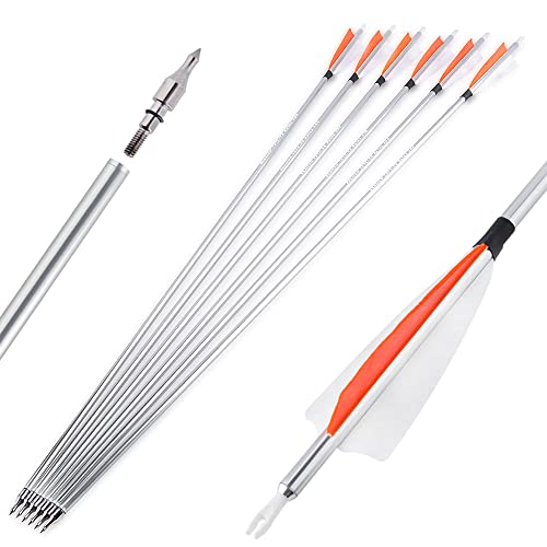 SHARROW Bogenschießen Aluminiumpfeile 30 Zoll Aluminium Pfeile Fletching Naturfedern Jagdpfeile 500 Spine Pfeile aus Aluminium für Recurve Compound Bogen(12 Stück, Orange) von SHARROW