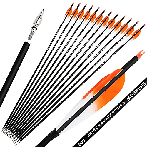 SHARROW Bogenschießen Carbonpfeile 28/30/31 Zoll Carbon Pfeile Jagd Ziel Praxis Pfeile Spine 500 Bogenpfeile Jagdpfeile Fletching 5 Zoll Naturfedern für Outdoor-Schießen (Orange, 28") von SHARROW