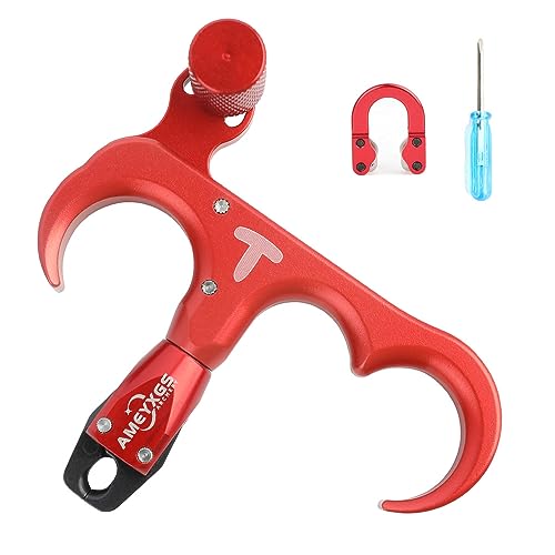 SHARROW Bogenschießen Release Aids Compound Bogen 3 Finger Daumenauslöser Auslösehilfen Spannhilfen mit Metall D-Loop Ring für Jagd Schießen (Rot) von SHARROW