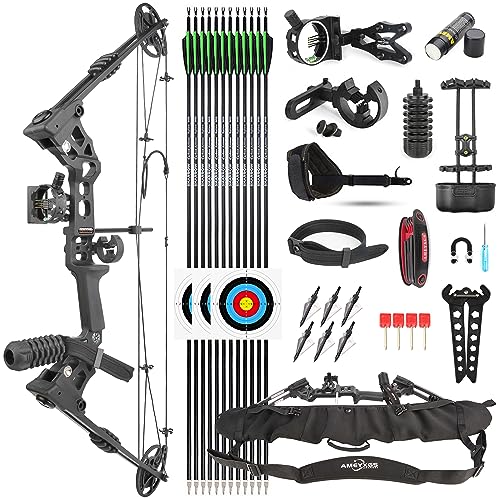 SHARROW Compoundbogenset 20-70 LBS Einstellbare Jagd Compound Bogen und Pfeil Set für Erwachsene Jugend Anfänger Outdoor-Schießen Bogenschießen Set LH/RH (Linke Hand, Schwarz) von SHARROW