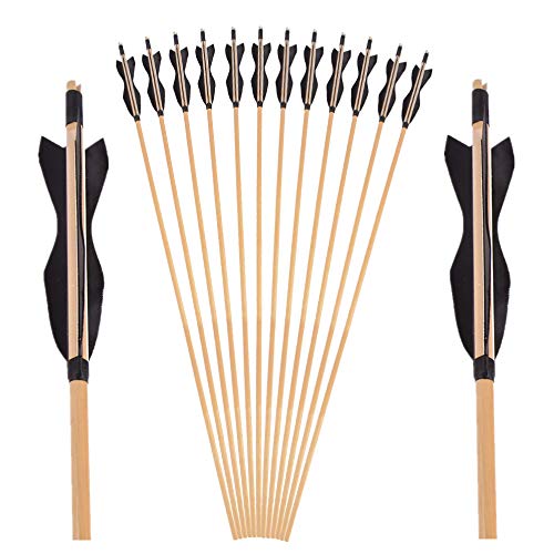 SHARROW Holzpfeile für Bogenschießen 31 Zoll Jagdpfeile Pfeile für Bogen mit 5 Zoll Naturfedern Pfeile Holz in Handarbeit, ohne Pfeilspitze (Schwarz, 12 PCS) von SHARROW