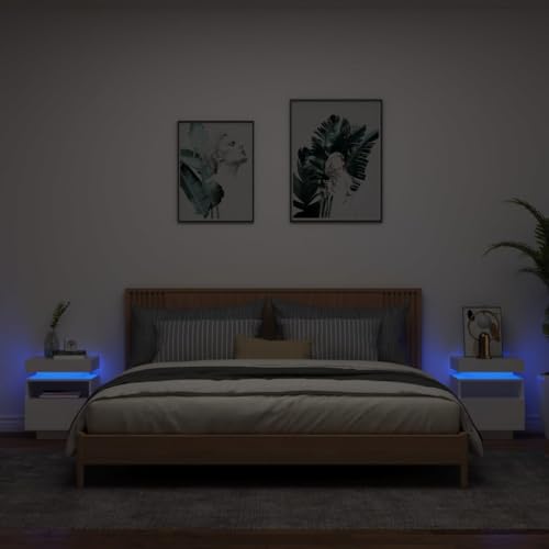 Nachttische, LED-Nachtschränke, Nachttische, Schlafzimmer, Wohnzimmer, Aufbewahrungseinheiten mit LED-Leuchten, 2 Stück, Weiß, 40 x 39 x 48,5 cm Lofty Ambition von SHERAF