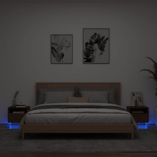 Nachttische, LED-Nachtschränke, Nachttische, Schlafzimmer, Wohnzimmer, Aufbewahrungseinheiten mit LED-Leuchten, 2 Stück, braune Eiche, 40 x 39 x 37 cm Lofty Ambition von SHERAF