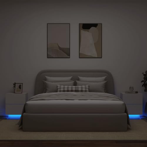 Nachttische, LED-Nachtschränke, Nachttische, Schlafzimmer, Wohnzimmer, Aufbewahrungseinheiten mit LED-Leuchten, 2 Stück, weißes Holzwerkstoff Lofty Ambition von SHERAF