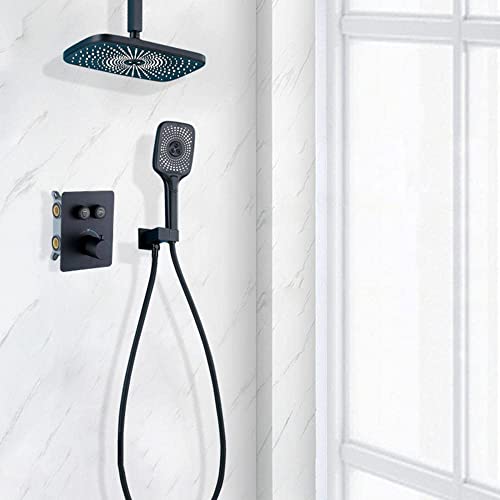 Verdeckter Thermostat-Duscharmatur, rechteckig, Doppelfunktions-Duschsystem, Badezimmer, Regendusch-Set, 3 Modi, Schwarz von SHERAF