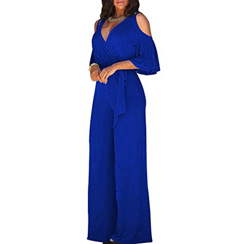 SHINROAD Damen-Overall mit weitem Bein, einfarbig, formell, abnehmbare Gürtel, hohl, tiefer V-Ausschnitt, Königsblau, 2XL von SHINROAD