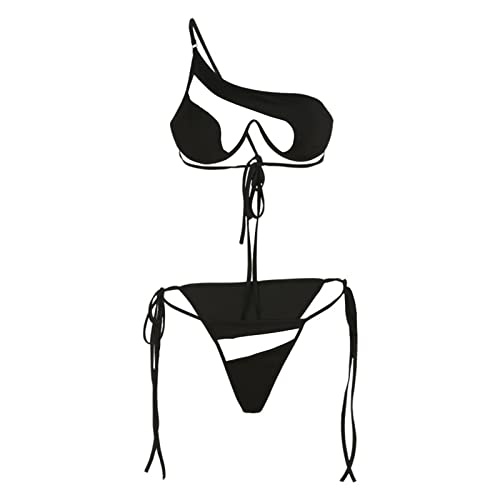 SHINROAD Frauen Mesh Bikini Set Eine Schulter Verstellbare Träger Strand Badeanzug Perspektive Netz Garn Patchwork Sexy Bikini Schwarz M von SHINROAD
