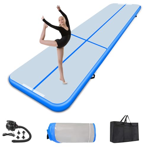 Gymnastikmatte, Länge 4/6/8/ m,10/20 cm Hoch Aufblasbare Trainingsmatte, Inflatable Air Gymnastics Mat mit Tragetasche, Sport Matte für Yoga Übungsgymnastik Pool Park Zuhause (Blue 400x200x20 cm) von SHIZHUNIAO